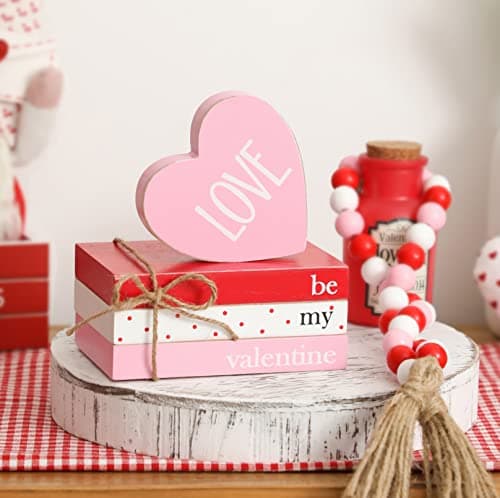 Valentine's Day Wood Book Stack with Bead Garland