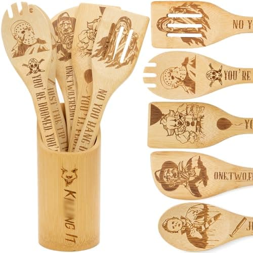 Horror Movie Bamboo Cooking Utensil Set with Holder